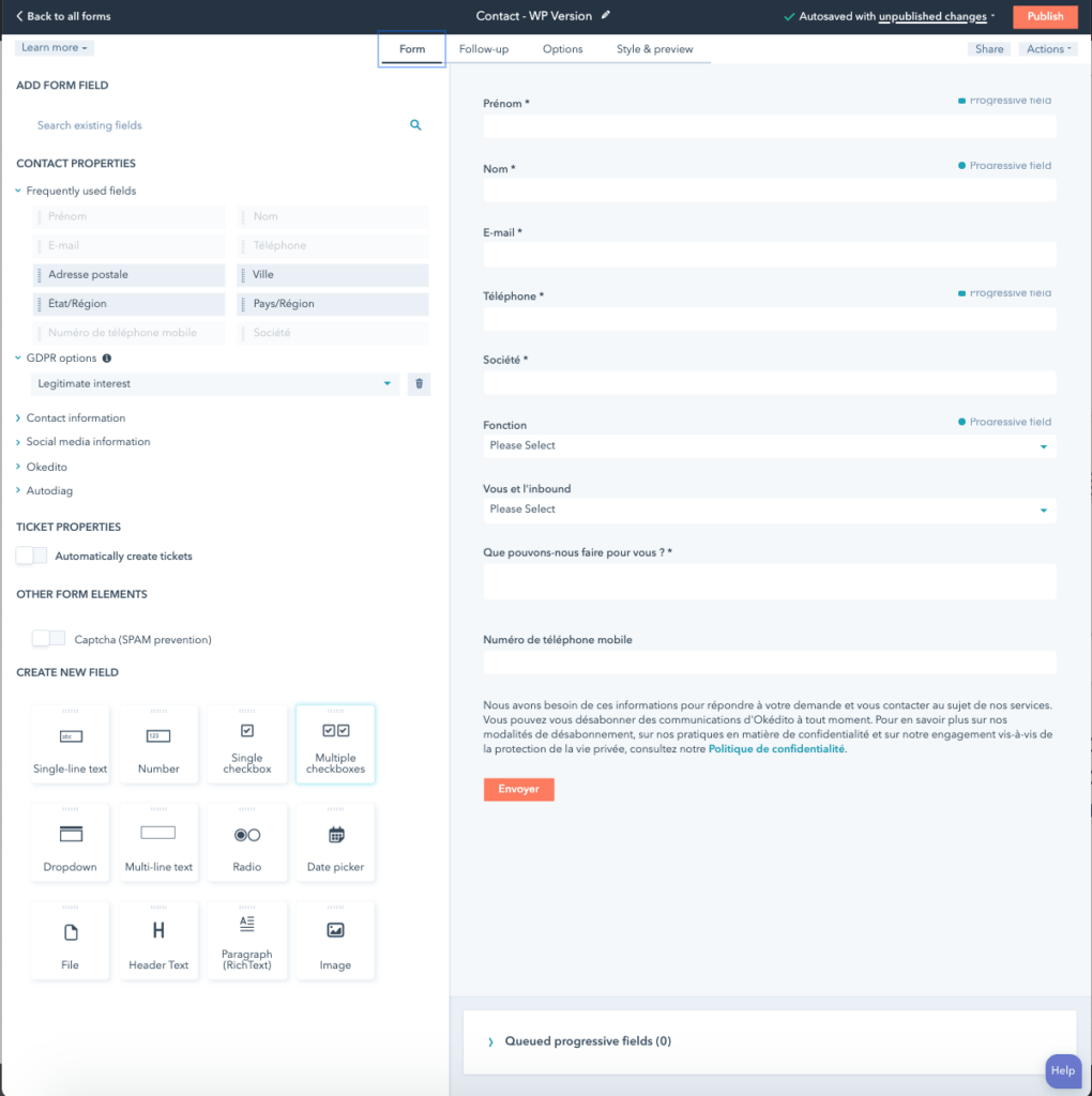 Exemple de création d'un formulaire sur HubSpot avec Okédito