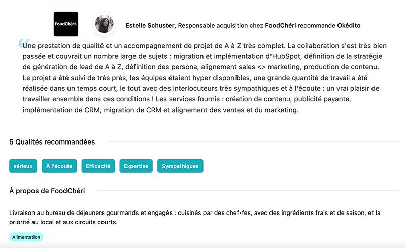 Contenus premium : exemple de témoignage client FoodChéri pour Okédito